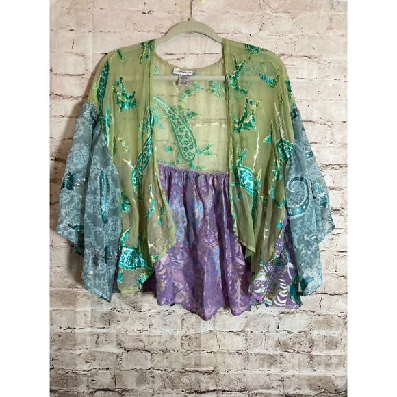 Ania. A Silk Kimono Top Womens XL Velvet Burnout Pastel Paisley Open Front Artsy - Picture 1 of 15